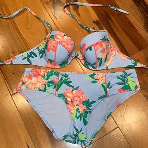 Aerie Tropical Floral Bikini - Light Blue and Coral